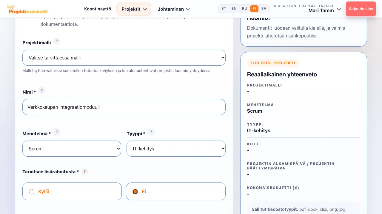 Projektin luontilomake: nimi, menetelmä, tyyppi ja tavoite.