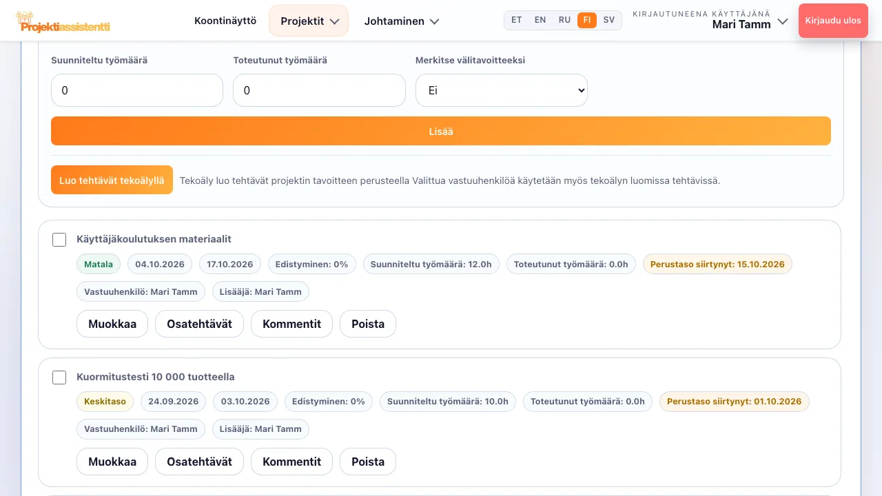 Tehtävät ja alitehtävät vastuuhenkilöineen, prioriteetteineen ja määräaikoineen.