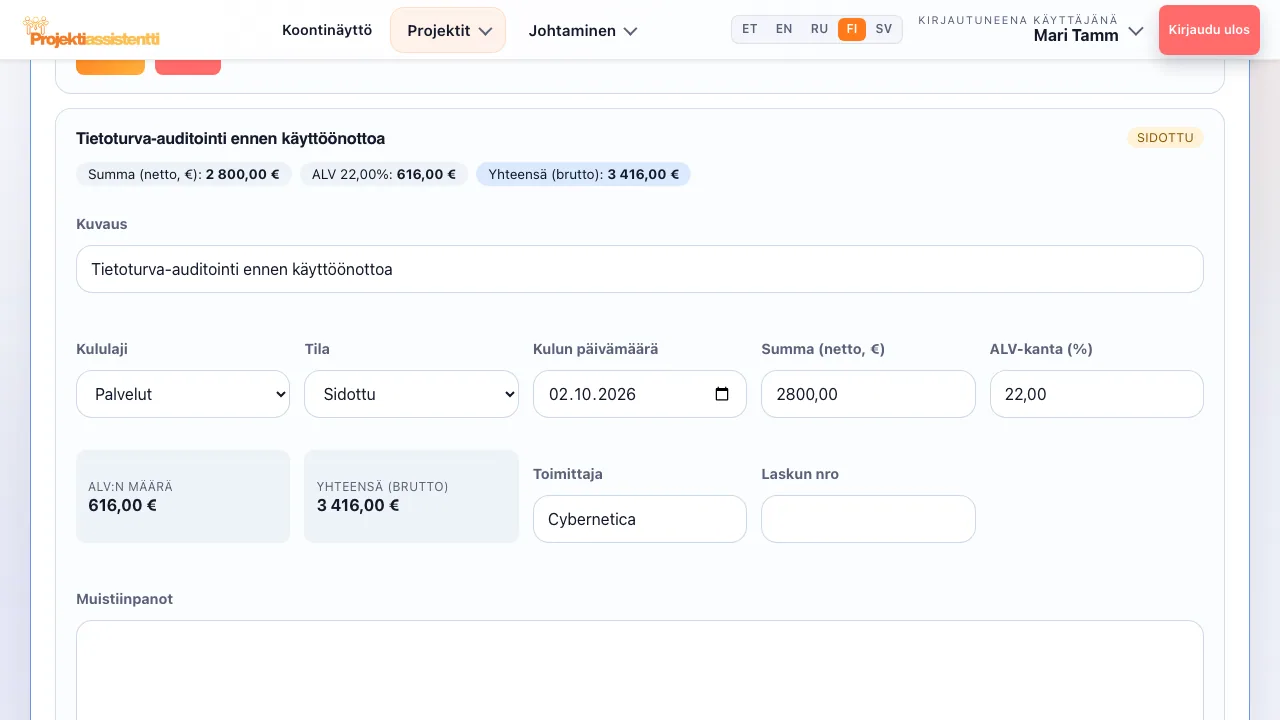 Budjetti kustannusriveineen: netto, alv, brutto ja vapaa saldo.