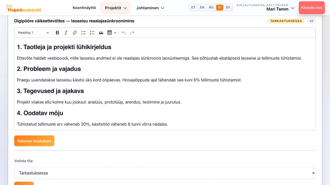 Tekoälyn laatima rahoitushakemuksen luonnos luvuittain.
