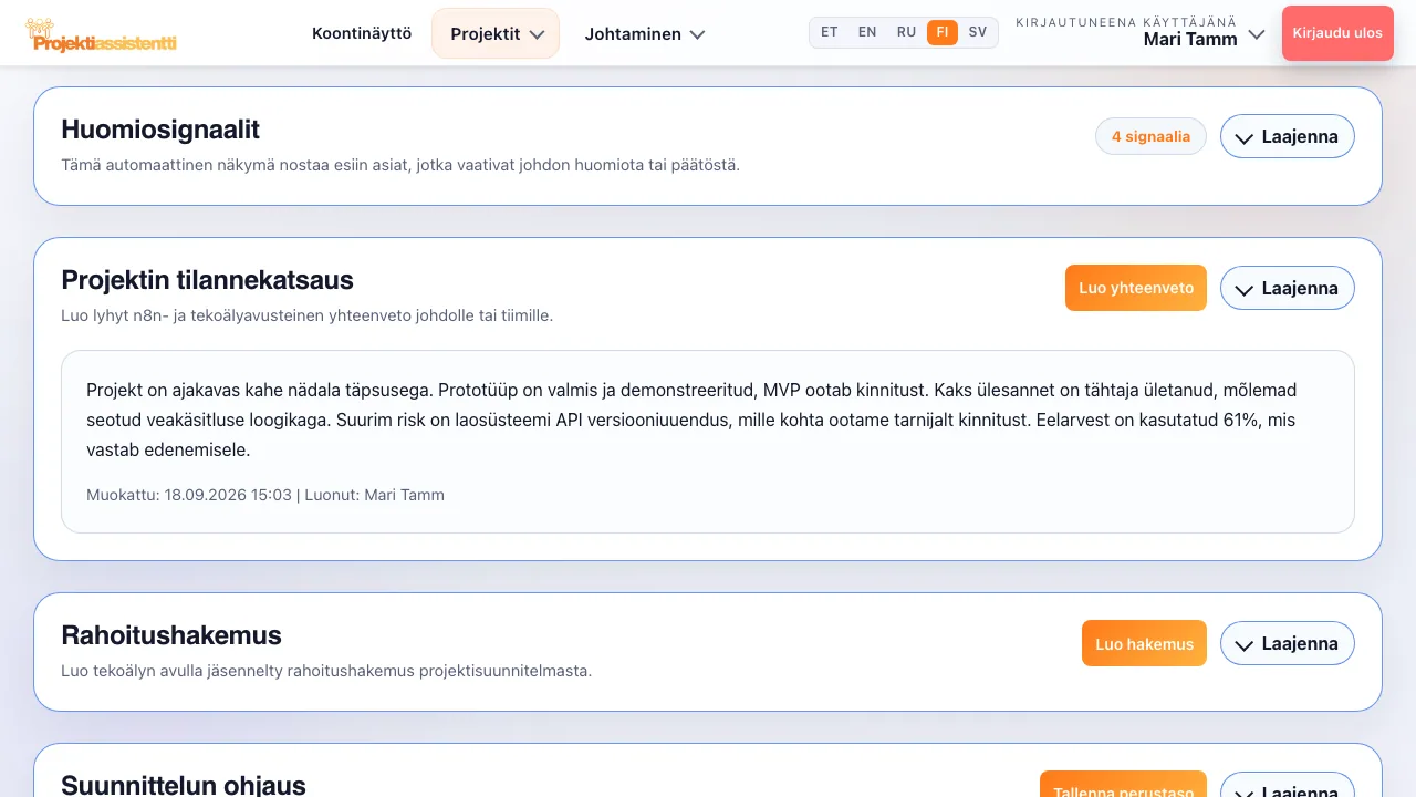 Tekoälyn laatima projektin tilannekatsaus johdolle.