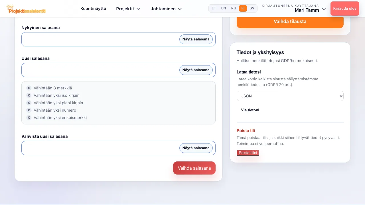 Profiilin GDPR-näkymä: tietojen vienti ja tilin poisto.