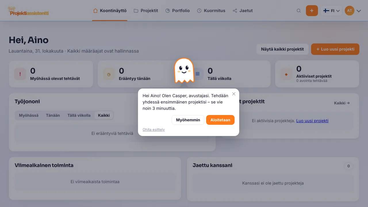 Casper tervehtii uutta käyttäjää koontinäytöllä