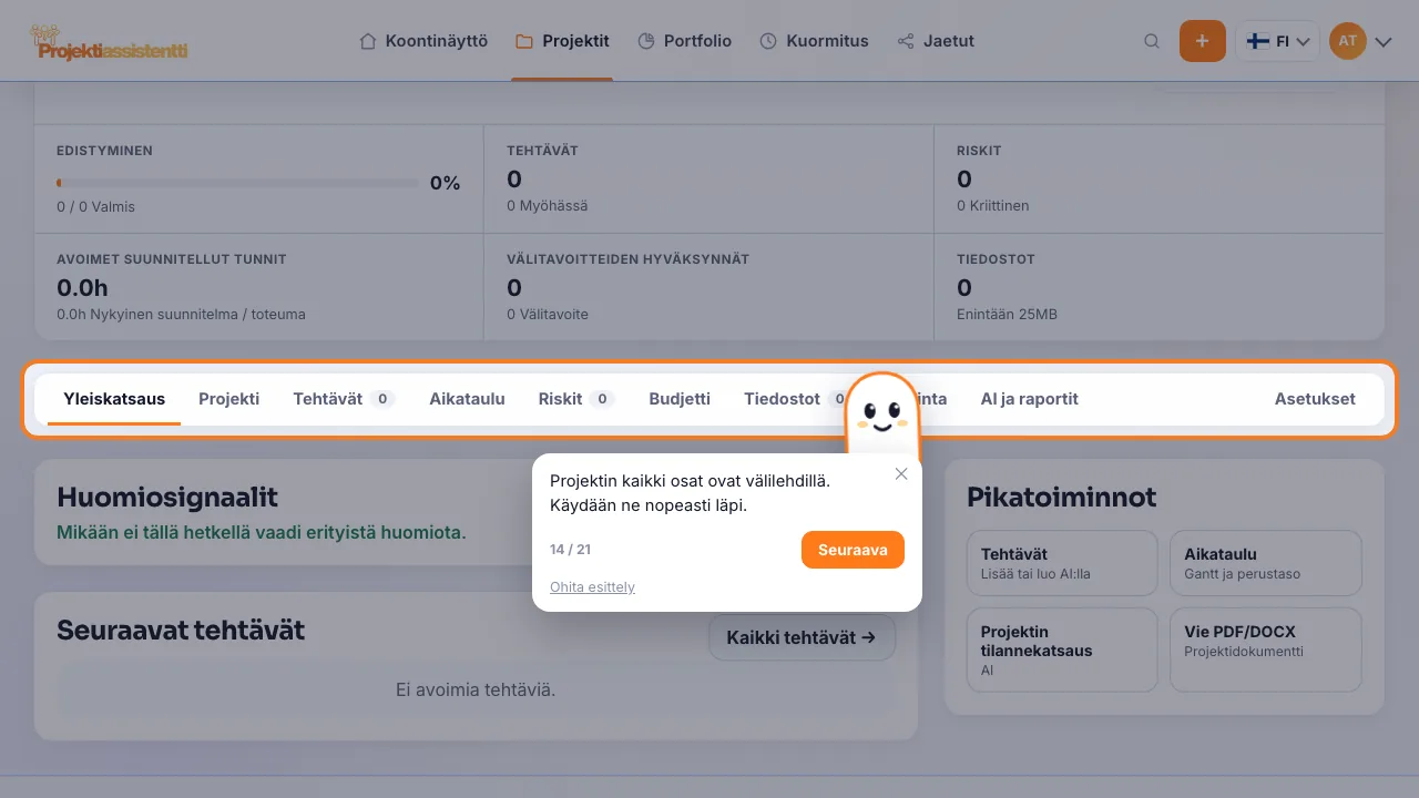 Casper esittelee projektisivun välilehdet